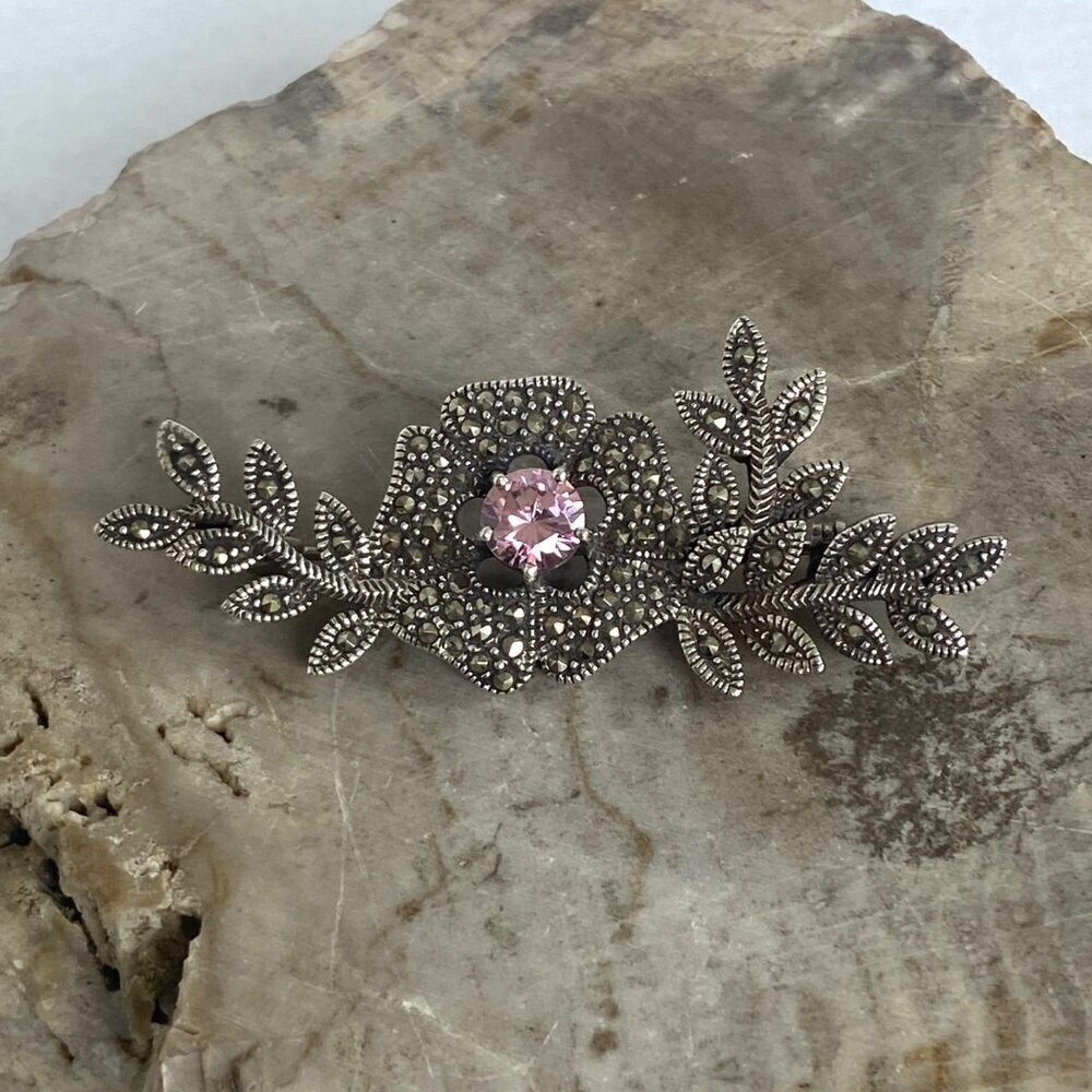 VTG Sterling Silver 925 Marcasite & Round Pink CZ Flower Leaf Foliage Brooch - Picture 13 of 16